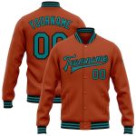 Customizable Texas Varsity Jacket with Orange Teal-Black Bomber Design & Personalized Name/Number - Full-Snap Letterman Jacket