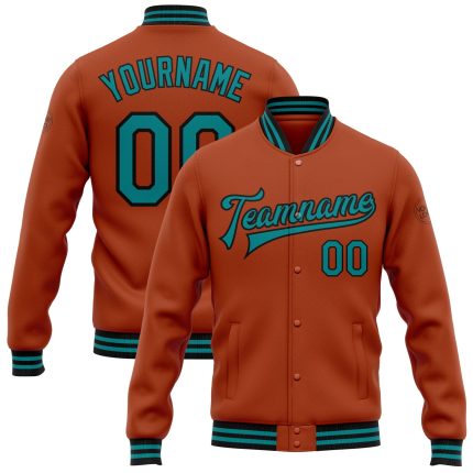 Customizable Texas Varsity Jacket with Orange Teal-Black Bomber Design & Personalized Name/Number - Full-Snap Letterman Jacket