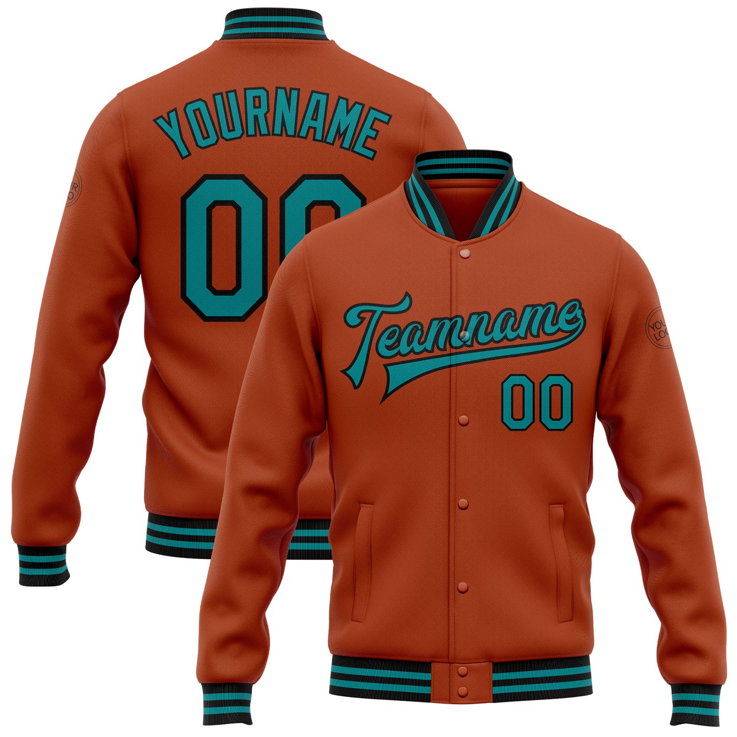 Customizable Texas Varsity Jacket with Orange Teal-Black Bomber Design & Personalized Name/Number - Full-Snap Letterman Jacket