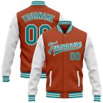Custom Name Number Two Tone Bomber Varsity Jacket Texas Orange Teal White Full-Snap Letterman Personalized Texas Orange Teal-White