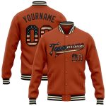Custom Vintage Texas Orange USA Flag Bomber Jacket with Name and Number - Black-Cream Varsity Full-Snap Letterman Рег. Personalized