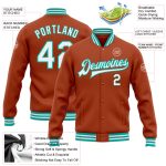 Custom Name and Number Texas Orange White-Aqua Varsity Letterman Bomber Jacket - Personalized Team Apparel Personalized Texas