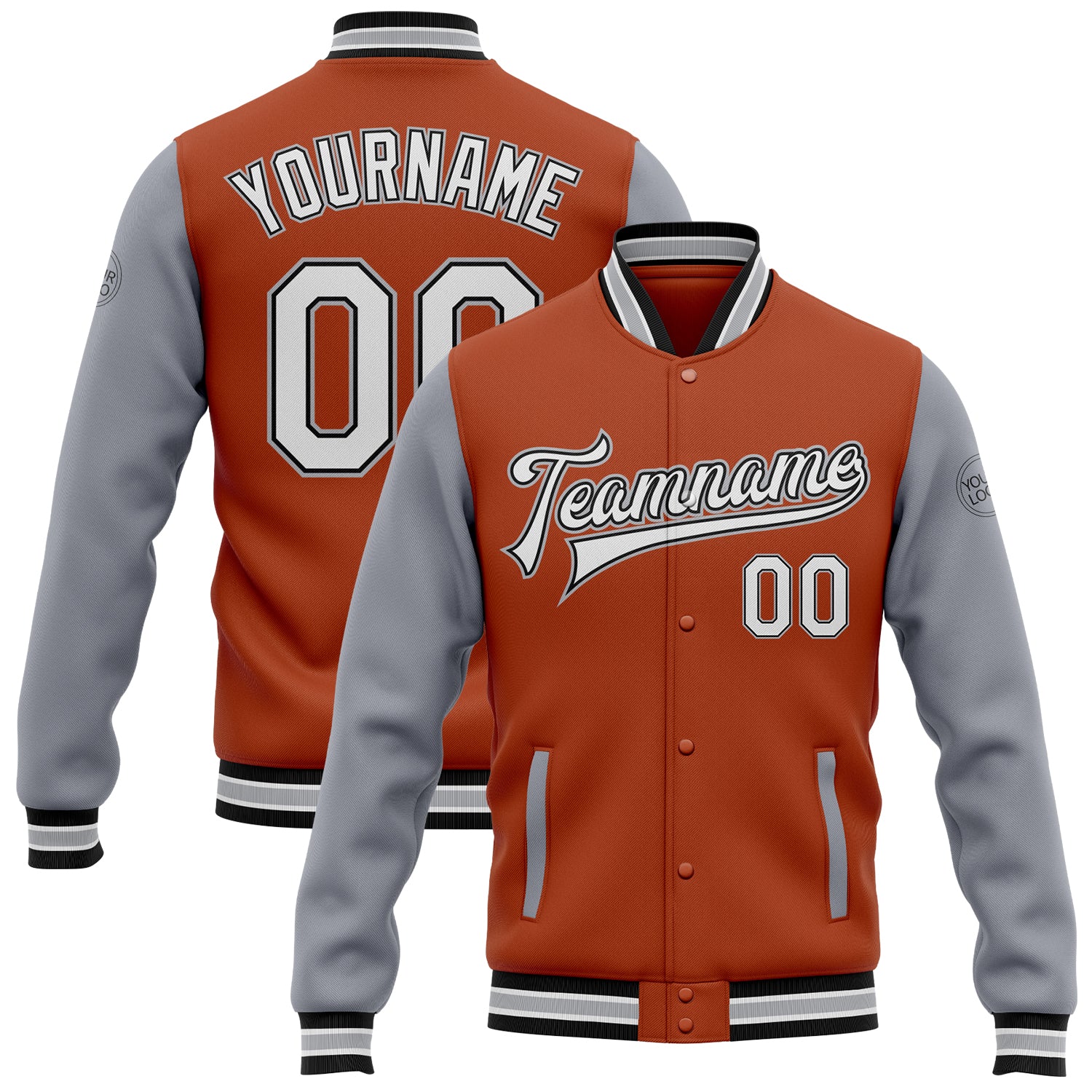 Custom Name Number Texas Bomber Jacket Orange White Black Gray Two Tone Varsity Full-Snap Letterman Personalized Texas Orange