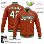 Custom Team Name Number Texas Orange White Kelly Green Bomber Varsity Letterman Jacket Personalized Full-Snap Personalized