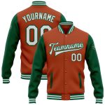 Custom Two-Tone Bomber Jacket with Personalized Name & Number - Texas Orange & Kelly Green Varsity Letterman Full-Snap Personalized