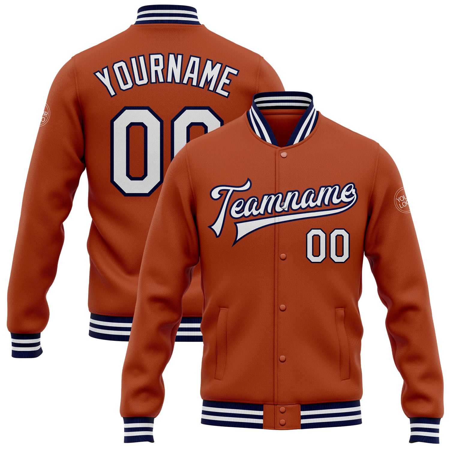 Custom Team Name Number Orange White Navy Texas Bomber Varsity Letterman Jacket Full-Snap Personalized Personalized Texas