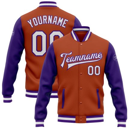 Personalized Texas Bomber Varsity Letterman Jacket with Custom Name and Number - Orange White Purple Two Tone Personalized