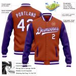 Personalized Texas Bomber Varsity Letterman Jacket with Custom Name and Number - Orange White Purple Two Tone Personalized