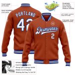 Custom Texas Bomber Varsity Jacket - Personalized White-Royal Full-Snap Design with Name & Number Personalized Texas Orange