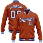 Custom Texas Bomber Varsity Jacket - Personalized White-Royal Full-Snap Design with Name & Number Personalized Texas Orange