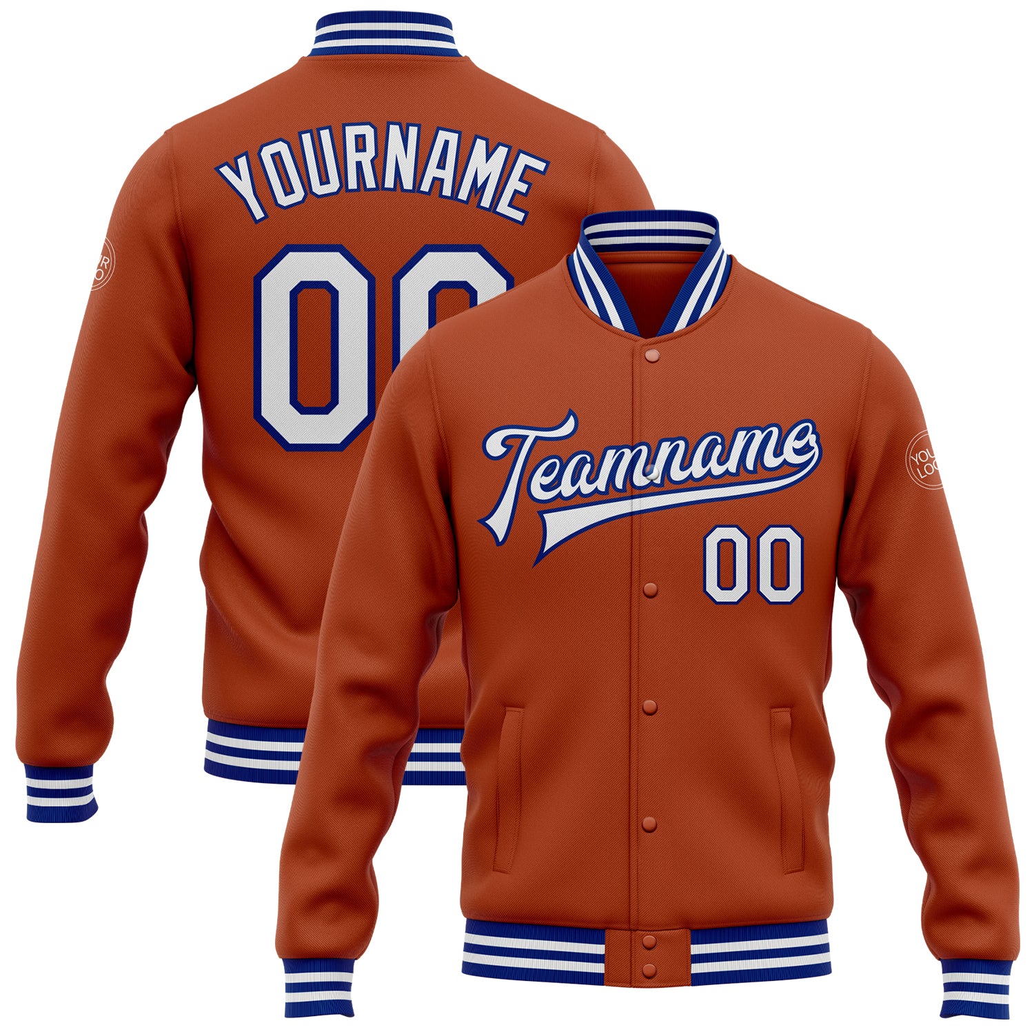 Custom Texas Bomber Varsity Jacket - Personalized White-Royal Full-Snap Design with Name & Number Personalized Texas Orange