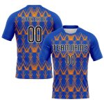 Custom Sublimation Volleyball Uniform Jersey - Personalized Thunder Blue & Black-Bay Orange Abstract Shape with Team Name & Number
