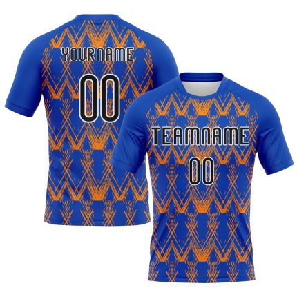 Custom Sublimation Volleyball Uniform Jersey - Personalized Thunder Blue & Black-Bay Orange Abstract Shape with Team Name & Number