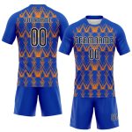 Custom Sublimation Volleyball Uniform Jersey - Personalized Thunder Blue & Black-Bay Orange Abstract Shape with Team Name & Number