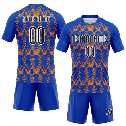 Custom Sublimation Volleyball Uniform Jersey - Personalized Thunder Blue & Black-Bay Orange Abstract Shape with Team Name & Number