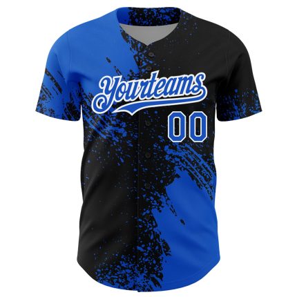 Custom Name and Number Authentic Baseball Jersey, Abstract Brush Stroke Thunder Blue Black-White 3D Pattern Design Personalized