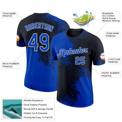 Custom Name Number Performance T-Shirt in Thunder Blue Black-White 3D Brush Stroke Design Personalized Thunder Blue Black-White