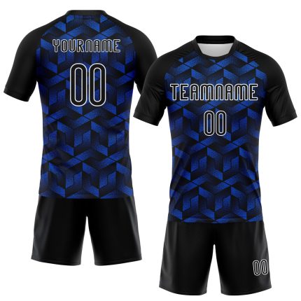 Personalized Volleyball Uniform Jersey - Thunder Blue Black-White Geometric Shape Sublimation Design Personalized Thunder