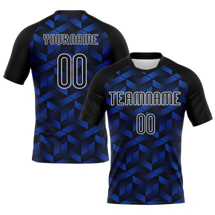 Personalized Volleyball Uniform Jersey - Thunder Blue Black-White Geometric Shape Sublimation Design Personalized Thunder