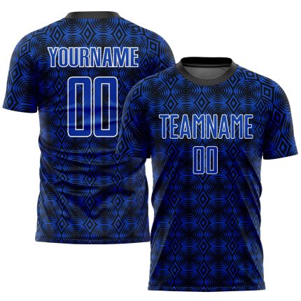 Custom Soccer Jersey with Personalized Name and Number - Thunder Blue Black-White Geometric Shapes Uniform Personalized Thunder