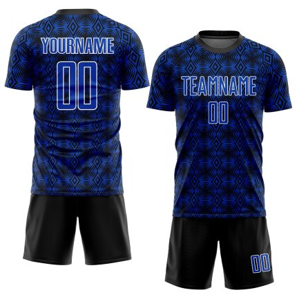 Custom Soccer Jersey with Personalized Name and Number - Thunder Blue Black-White Geometric Shapes Uniform Personalized Thunder