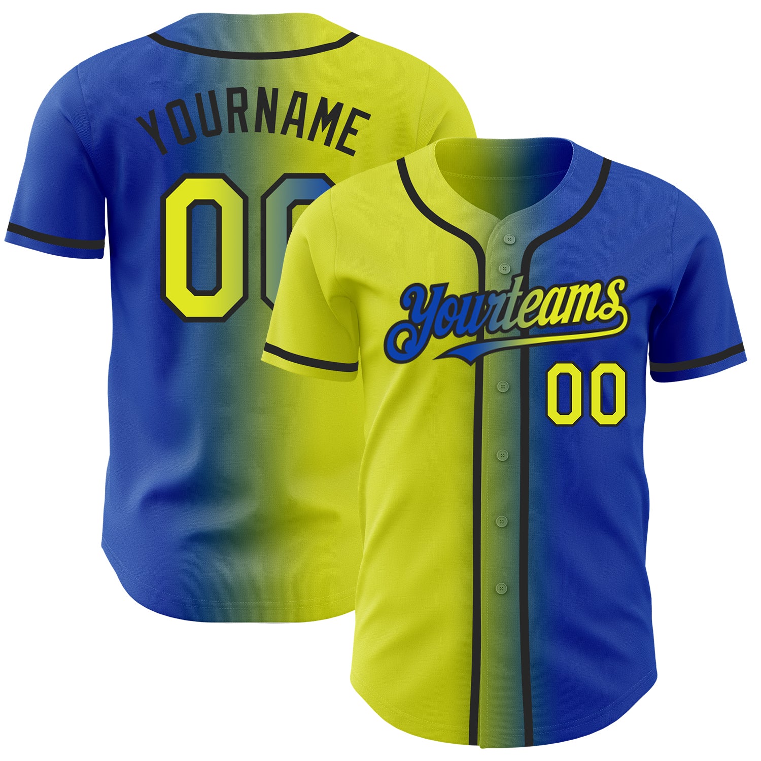 Personalized Custom Name and Number Baseball Jersey - Thunder Blue Neon Yellow-Black Authentic Gradient Fashion Personalized