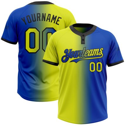 Custom Name Number Unisex Softball Jersey - Personalized Thunder Blue Neon Yellow-Black Gradient Two-Button Design Personalized