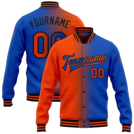 Custom Team Name Number Gradient Bomber Jacket Thunder Blue Orange-Black Full-Snap Varsity Letterman Fashion Jacket Personalized