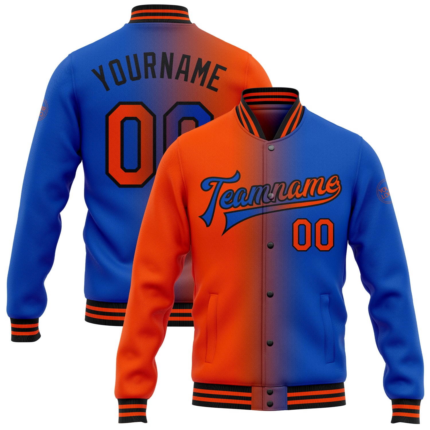 Custom Team Name Number Gradient Bomber Jacket Thunder Blue Orange-Black Full-Snap Varsity Letterman Fashion Jacket Personalized