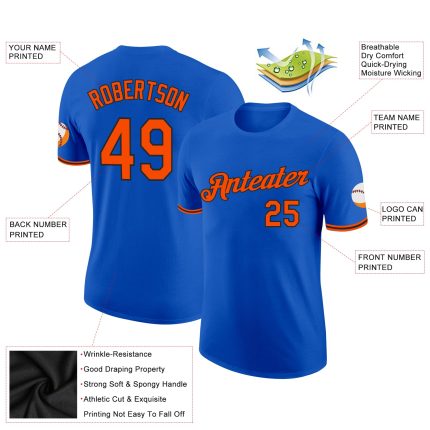 Custom Team Name and Number Thunder Blue Orange-Black Performance T-Shirt Personalized Thunder Blue Orange-Black Performance