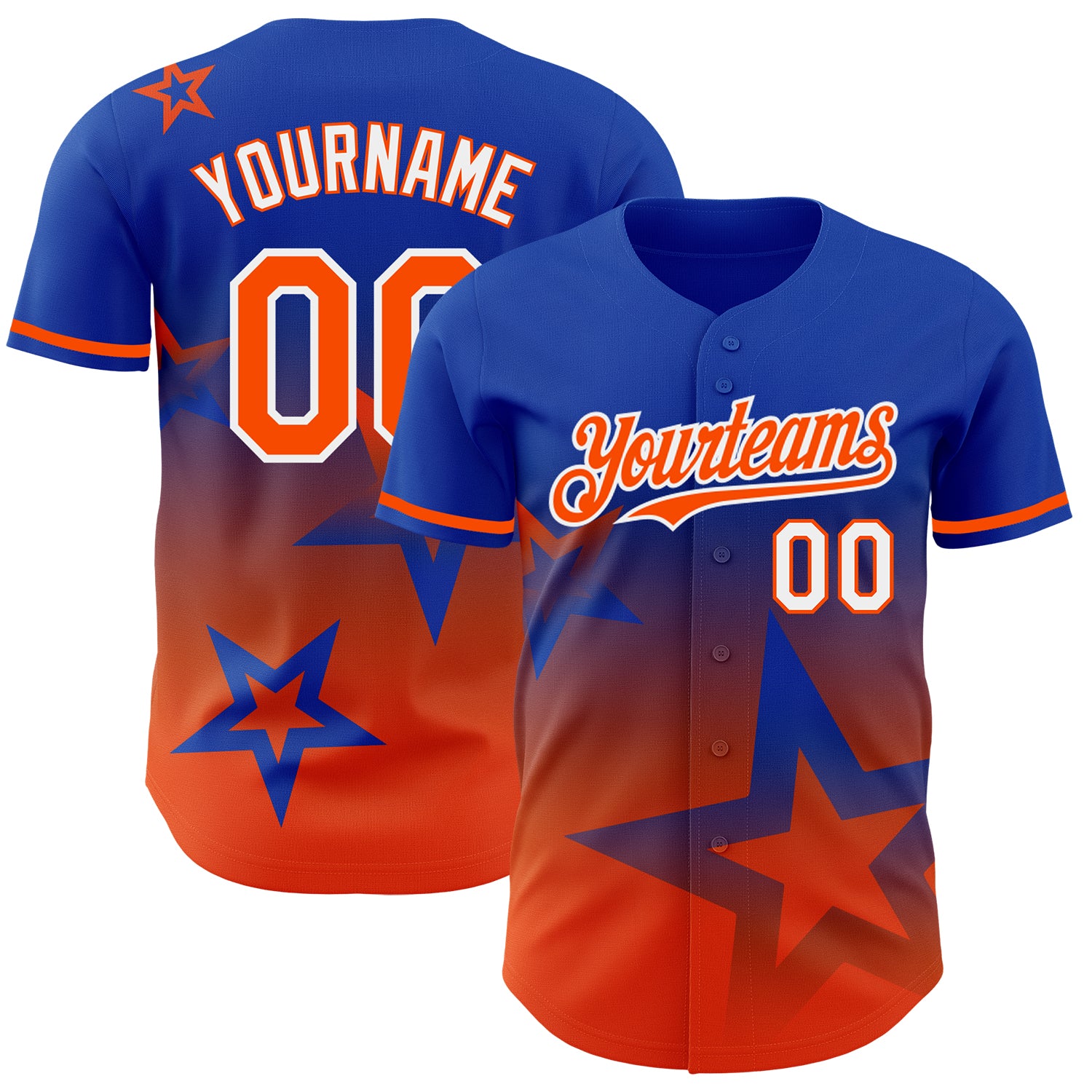 Customizable 3D Pattern Gradient Baseball Jersey - Personalized Thunder Blue Orange-White Twinkle Star with Name & Number