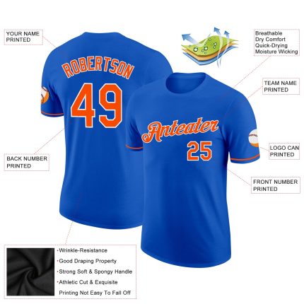 Custom Team Name and Number Thunder Blue Orange-White Performance T-Shirt - Personalized Athletic Shirt Personalized Thunder