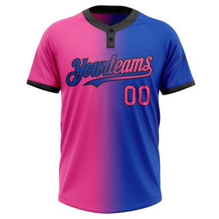 Custom Name and Number Unisex Softball Jersey - Personalized Thunder Blue Pink-Black Gradient Two-Button Design Personalized