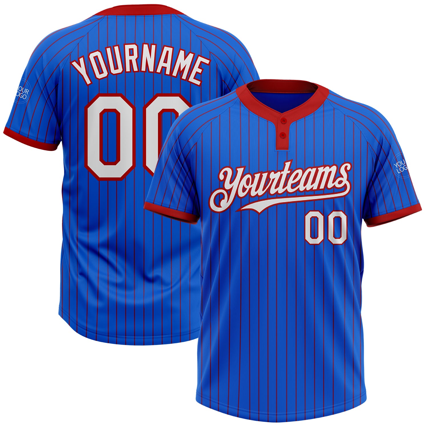 Custom Team Softball Jersey with Personalized Name and Number - Thunder Blue Red Pinstripe Unisex Two-Button Design Personalized