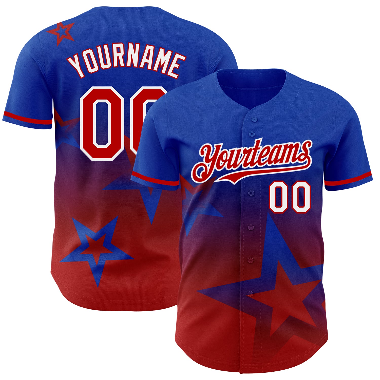 Customizable 3D Thunder Blue Red-White Gradient Twinkle Star Baseball Jersey with Personalized Name and Number Personalized