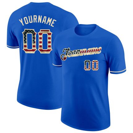 Custom Name and Number Vintage Blue USA Flag Team Performance T-Shirt, Personalized City Cream Design Personalized Thunder