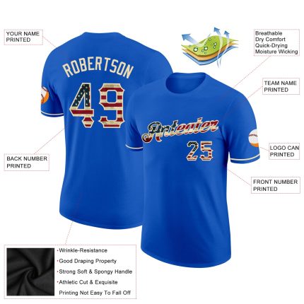Custom Name and Number Vintage Blue USA Flag Team Performance T-Shirt, Personalized City Cream Design Personalized Thunder