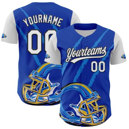 Custom Team Baseball Jersey with Name & Number, 3D Pattern Design Football Helmet in Thunder Blue/Black/White Personalized