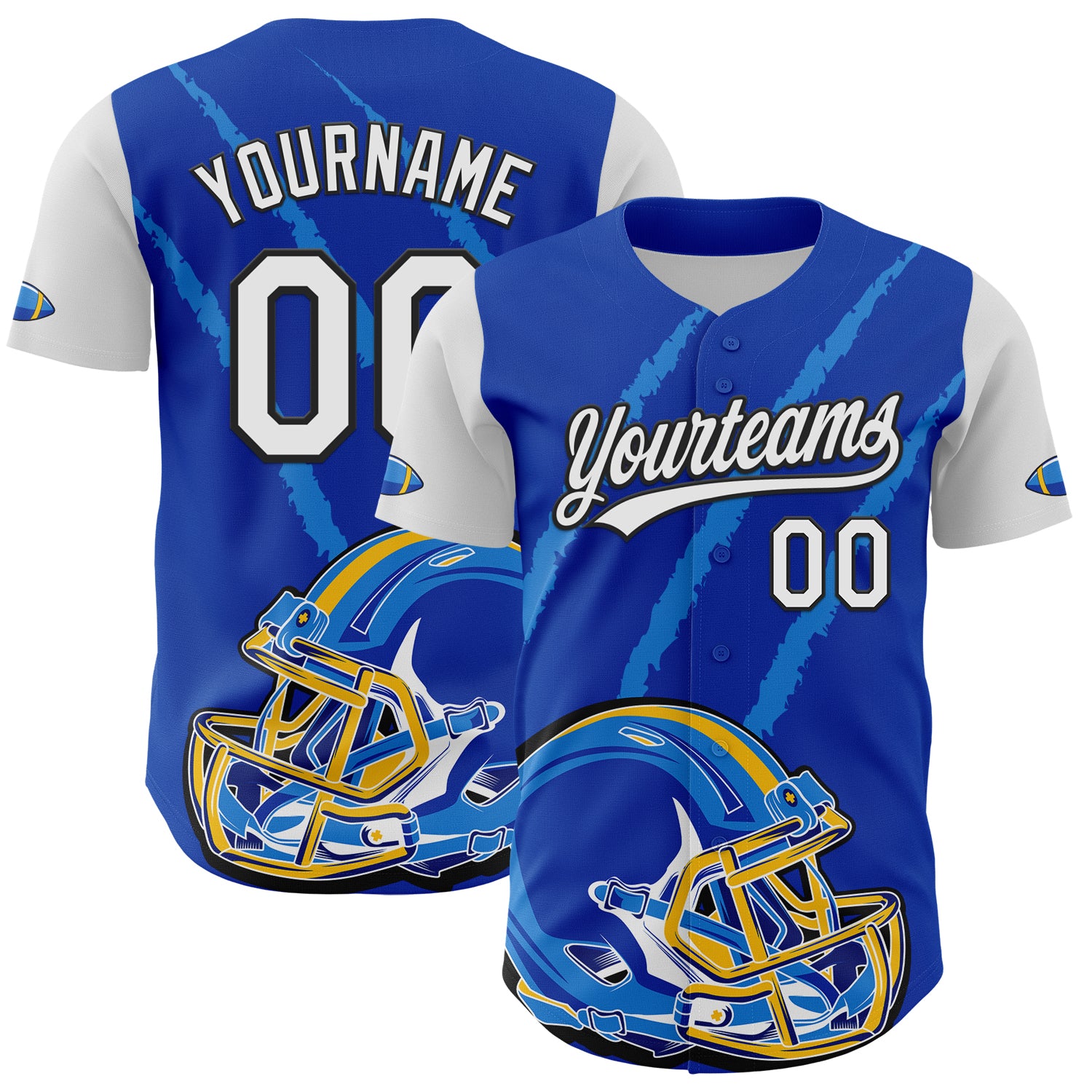 Custom Team Baseball Jersey with Name & Number, 3D Pattern Design Football Helmet in Thunder Blue/Black/White Personalized