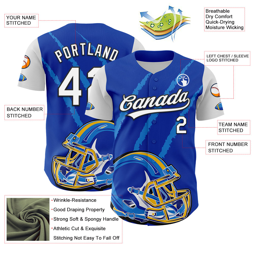 Personalized Thunder Blue White-Black 3D Pattern Design Football Helmet And Animal Claw Authentic Baseball Jersey Team Custom Name and Number Custom Team Baseball Jersey with Name & Number, 3D Pattern Design Football Helmet in Thunder Blue/Black/White Personalized - Image 3