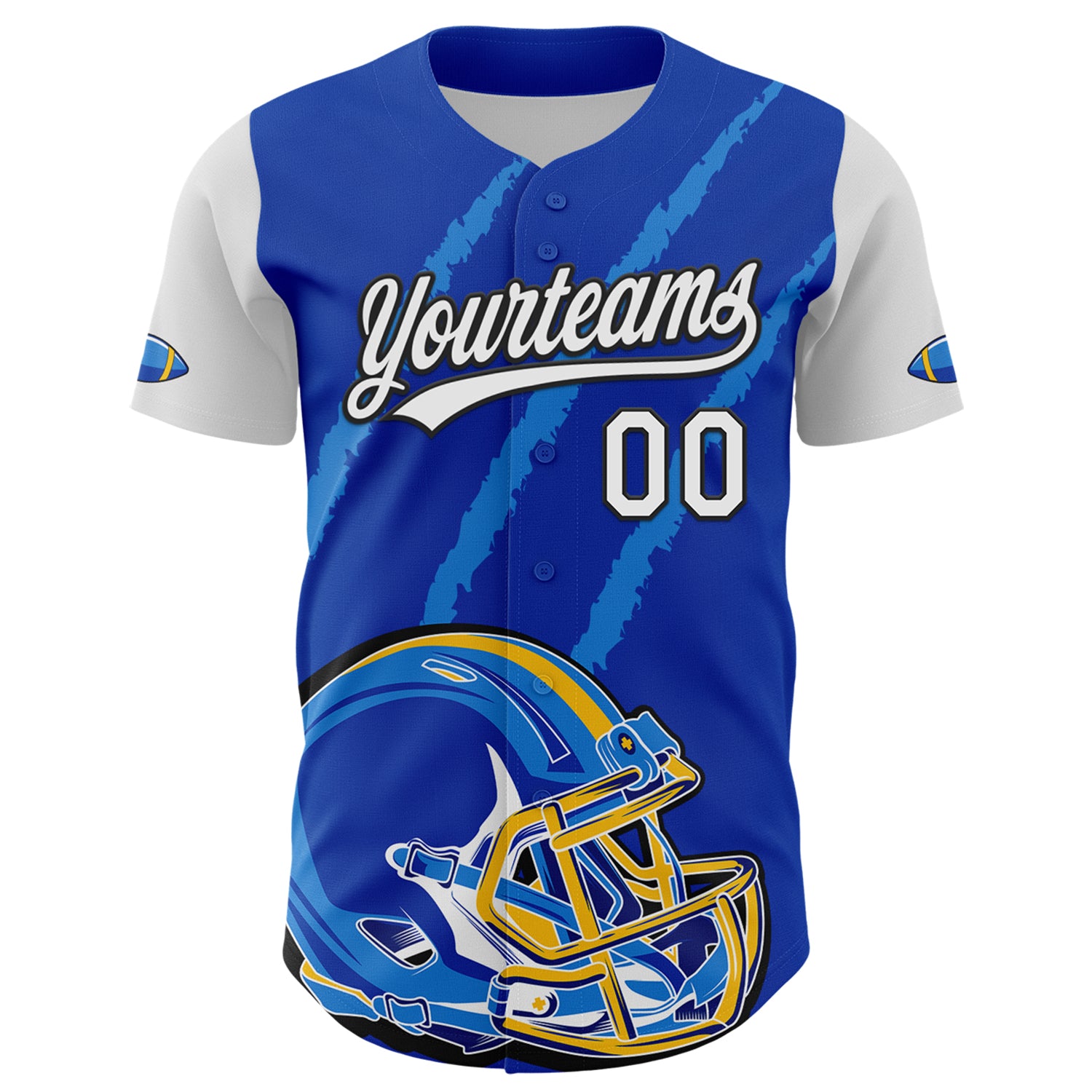 Personalized Thunder Blue White-Black 3D Pattern Design Football Helmet And Animal Claw Authentic Baseball Jersey Team Custom Name and Number Custom Team Baseball Jersey with Name & Number, 3D Pattern Design Football Helmet in Thunder Blue/Black/White Personalized - Image 2