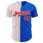Custom Name and Number Personalized Baseball Jersey - Thunder Blue White Red Pinstripe Authentic Split Fashion Personalized