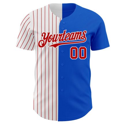 Custom Name and Number Personalized Baseball Jersey - Thunder Blue White Red Pinstripe Authentic Split Fashion Personalized