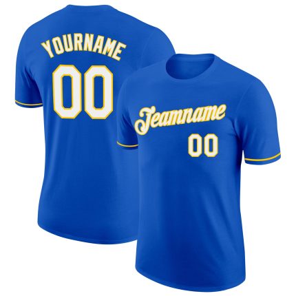 Custom Team Name Number Thunder Blue White-Yellow Performance T-Shirt - Personalized Sportswear Personalized Thunder Blue