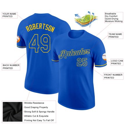 Custom Team Name Number Thunder Blue Yellow Performance T-Shirt - Personalized Sports Apparel Personalized Thunder Blue Yellow