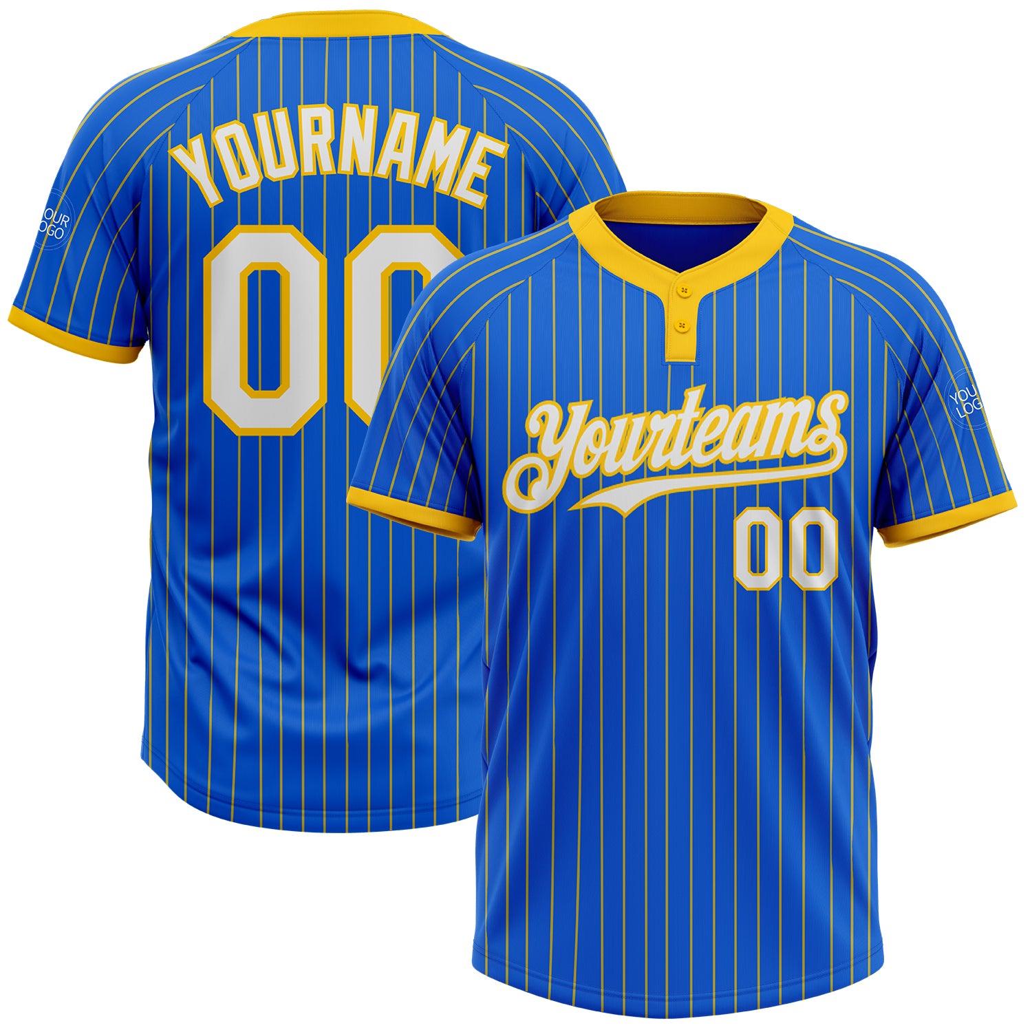 Personalized Thunder Blue Yellow Pinstripe White Two-Button Unisex Softball Jersey Team Custom Name and Number Custom Name Number Blue Yellow Pinstripe Softball Jersey Unisex Two-Button Personalized Team Apparel Personalized Thunder - Image 1
