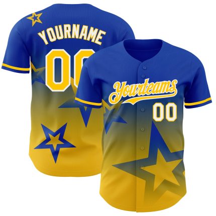 Personalized Gradient Twinkle Star Baseball Jersey with Custom Name and Number - Thunder Blue Yellow-White 3D Pattern Design