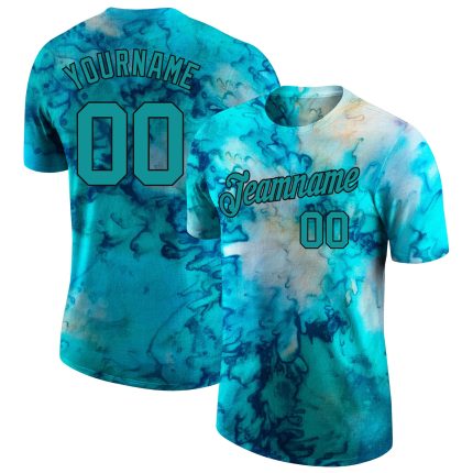 Custom Name and Number Tie Dye Aqua-Black 3D Performance T-Shirt - Personalized Team Gear Personalized Tie Dye Aqua-Black