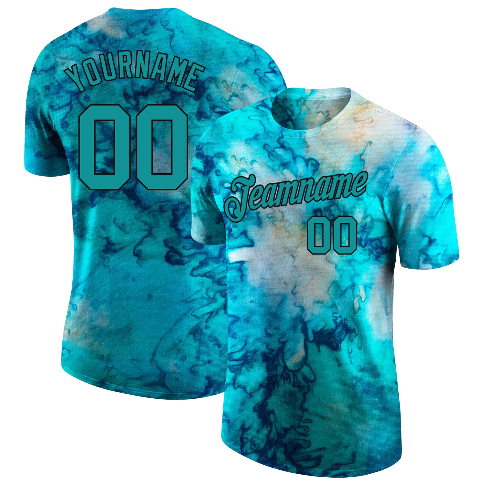 Custom Name and Number Tie Dye Aqua-Black 3D Performance T-Shirt - Personalized Team Gear Personalized Tie Dye Aqua-Black