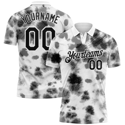 Custom Name and Number Personalized 3D Performance Golf Polo Shirt - Black-White Tie Dye Personalized Tie Dye Black-White